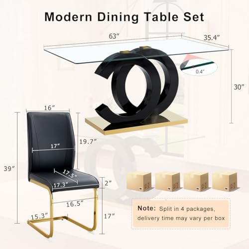 63" Glass Dining Table Set for 4, Modern Dining Table Set for 4, Tempered Glass Tabletop with Black OC-Shaped Legs and Gold Base, Black Gold Kitchen Table Set with 4 Cantilever Upholstered Chairs