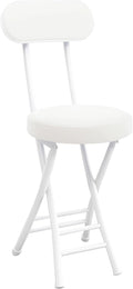 Folding Stool with Backrest, Cushioned Padded Leather Round Portable Foldable Bar Stool Chair for Kitchen(White)
