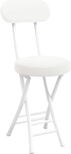 Folding Stool with Backrest, Cushioned Padded Leather Round Portable Foldable Bar Stool Chair for Kitchen(White)
