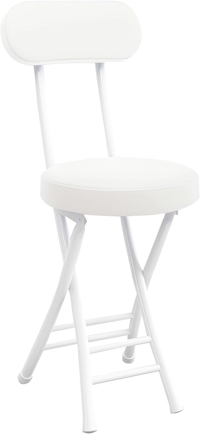 Folding Stool with Backrest, Cushioned Padded Leather Round Portable Foldable Bar Stool Chair for Kitchen(White)