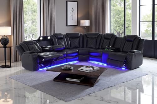 A Ainehome Power Recliner Sectional Sofa Set with LED Light, Leather Reclining Sectional Couches Corner Sectional Sofa Set with 2 Recliner Seats for Living Room with Cup Holder, Storage Console, Black