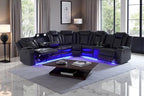 A Ainehome Power Recliner Sectional Sofa Set with LED Light, Leather Reclining Sectional Couches Corner Sectional Sofa Set with 2 Recliner Seats for Living Room with Cup Holder, Storage Console, Black