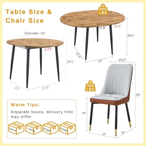 Wood Dining Table Set for 6｜ 42" Round to 54" Oval Dining Table Set for 6｜Wood Extendable Dining Room Table with Thick Cushion PU Chairs｜Stable and Sturdy｜Space Saving｜Easy Assembly