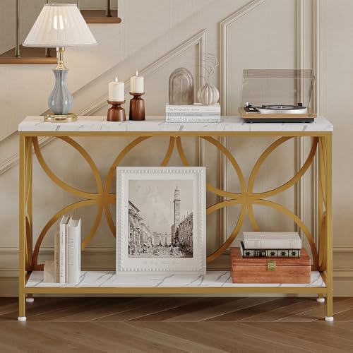 GiftGo Narrow Sofa Table 47.2 Inch, Industrial Sofa Table Behind Couch, Vintage Entry Console Table with Storage for Entryway, Living Room, Foyer, Elegant Design (White and Gold, 47.2)