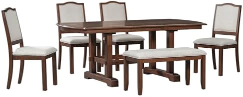 6-Pcs 78'' Extendable Rectangular Dining Table & 4 Upholstered Dining Chairs & 1 Bench, Wood Dining Table Kitchen Table Set for 6 (6-Pcs: 1 Table+4 Chair+ 1 Bench, Cherry)