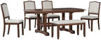 6-Pcs 78'' Extendable Rectangular Dining Table & 4 Upholstered Dining Chairs & 1 Bench, Wood Dining Table Kitchen Table Set for 6 (6-Pcs: 1 Table+4 Chair+ 1 Bench, Cherry)