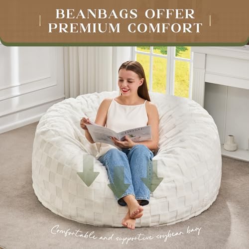 Hobestluk Adults Bean Bag Chair 4FT Big BeanBag Chair Extra Large Oversized | Memory Foam,Washable Cover,Unique Fluffy Plaid,Comfy Big Bean Bag with Filler Lounging Gaming Bedroom Living Room | White 4FT