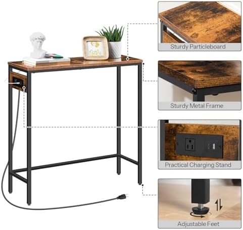 HOOBRO Narrow Console Table with Power Outlets, Small Entryway Table | Thin Sofa Table Behind Couch Table with Charging Station, for Hallway, Bedroom, Living Room,Rustic Brown and Black BF75UXG01