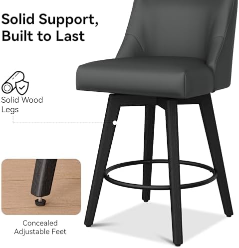 26" Counter Height Swivel Bar Stools, Set of 4, Black Grey | Faux Leather Upholstered Counter Barstools with Backs, Solid Wood Legs for Kitchen Island, Home Bar Chairs