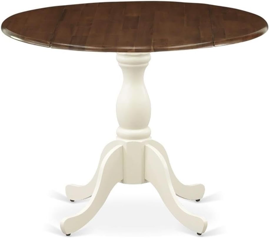 Pemberly Row Round Rubberwood Dining Table, Walnut Top and Linen White Pedestal Base, 42 in Diameter, 30 in Height, Drop Leaf Design, Classic Style Kitchen or Dining Room Table for Small Spaces