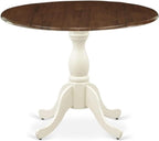 Pemberly Row Round Rubberwood Dining Table, Walnut Top and Linen White Pedestal Base, 42 in Diameter, 30 in Height, Drop Leaf Design, Classic Style Kitchen or Dining Room Table for Small Spaces