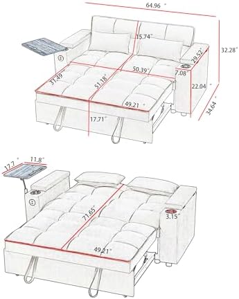 hansones 65'' 3-in-1 Folding Convertible Sofa Bed, Pullout Sofa, Modern Chenille Fabric, 360° Swivel Side Table, Easy Assembly, Perfect for Living Room, Grey