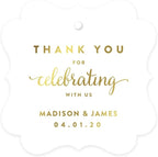 Andaz Press Personalized Fancy Frame Square Wedding Gift Tag, Metallic Gold Custom Tags, Thank You for Celebrating with US, 24-Pack, Custom Name Thank You Tag, 2x2 Personalized Gift Tags for Favors
