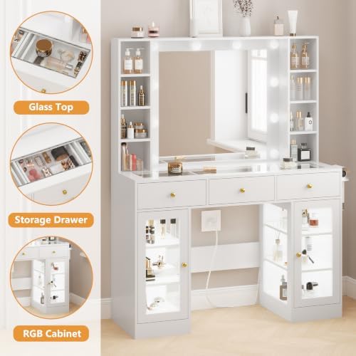 HUANLEGO White Vanity Desk with Mirror and Lights, Glass Top Vanity with Lighted Mirror & RGB Glass Cabinet and 3 Drawers, Makeup Vanity Desk with Lights Dressing Table for Bedroom, 3 Color Modes