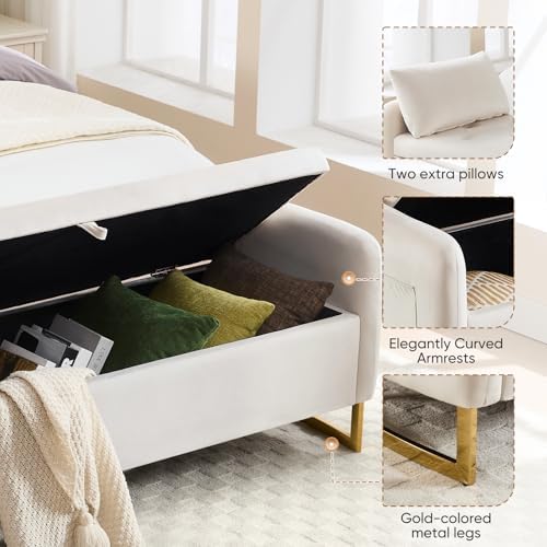 Storage Bench for Bedroom, 65 Inch End of Bed Storage Bench Beige | Velvet Storage Ottoman Bench, Tufted Upholstered and Gold Legs, Bedroom Bench with Storage, Arms, 2 Pillows, for Window