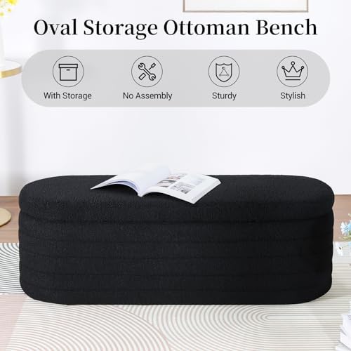 Teddy Sherpa Oval Black Ottoman with Storage, 45.5-inch Bench | Teddy Upholstered Window Bench Hidden Storage, Safety Hinge and Seating, for Living Room, Bedroom, Small Apartment