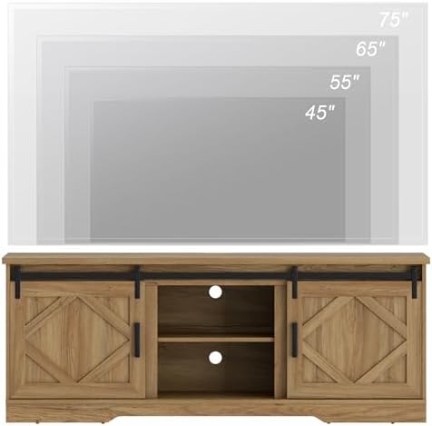 WAMPAT Farmhouse Style TV Stand for 60-75 inch TV w/Distressed Wood Finish | 66.1"L*15.4D"*25.6"H, TV Cabinet with Cable Management,Sliding Barn Door,Adjustable Media Shelf,Hidden Storage Space
