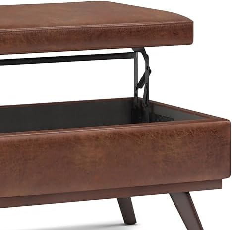 SIMPLIHOME Owen 42" Wide Vegan Leather Lift Top Ottoman in Saddle Brown | Distressed saddle brown, mid-century modern lift-top ottoman with storage for living room; rectangle footstool or pouf.
