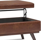 SIMPLIHOME Owen 42" Wide Vegan Leather Lift Top Ottoman in Saddle Brown | Distressed saddle brown, mid-century modern lift-top ottoman with storage for living room; rectangle footstool or pouf.