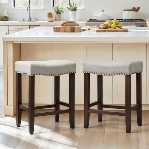 CHUN YI Bar Stools Set of 2, 24 Inch Counter Height Saddle Stools with Nailhead Trim, Backless Upholstered Barstools for Kitchen Island with Wooden Legs, Light Grey, 2 Pack