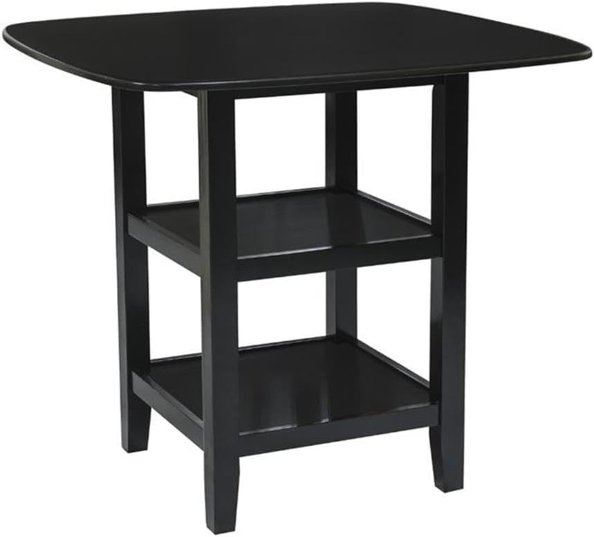 MAKLAINE 5 Piece Solid Wood Counter Height Dining Set, Black Finish, Table with 2 Shelves and 4 X-Back Chairs, Faux Leather Seat Upholstery, 39.5 in Table for Kitchen or Dining Room