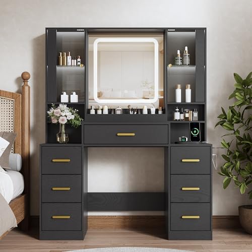 BORNOON Vanity Desk with Mirror and Lights, Makeup Vanity with 7 Drawers, 2 Glass Door Cabinets, Charging Station, Adjustable Shelves, RGB Lighting, Holder