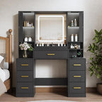 BORNOON Vanity Desk with Mirror and Lights, Makeup Vanity with 7 Drawers, 2 Glass Door Cabinets, Charging Station, Adjustable Shelves, RGB Lighting, Holder