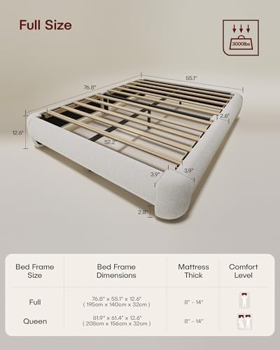 Cloud Full Size Platform Bed Frame, Soft Boucle Bed Frame with Round Corner, Upholstered Bedframe Full with Heavy Duty Wood Slat, No Box Spring Needed, Easy Assembly, White