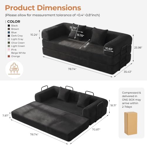 79" Convertible Futon Sofa Bed, Couch for Living Room | Corduroy Loveseat Sleeper Sofa, Modular Futon Couch with Fixed-Shape Frame, Pull Out Couch No Assembly | Black