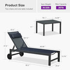 PURPLE LEAF Outdoor Chaise Lounge Set of 3 Pool Lounger Pillow, Navy Blue | Lightweight aluminum frame, Fade-resistant textilene fabric, Wheels for easy movement, 5 Adjustable positions, Easy assembly