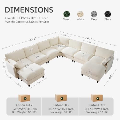 Ihanherry 139" Oversized V-Shaped Modular Sectional Couch, 9-Seater Cloud Sofa with Corner & Movable Ottoman, Large Cushions, Chenille Deep Seat Living Room Furniture Set, Beige