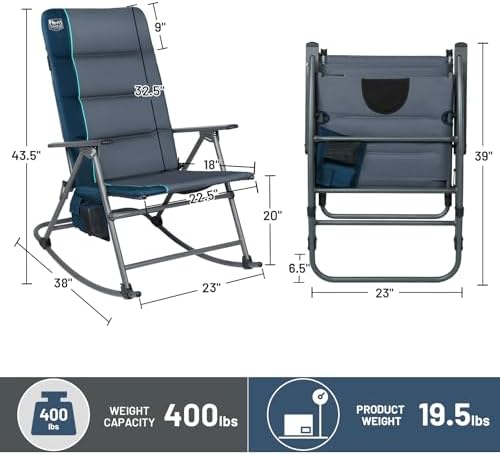 Timber Ridge Oversized Folding Rocking Camping Chair, Padded Outdoor Rocker with High Back, Portable Outdoor Chair for Patio, Garden, Lawn, Supports up to 400 lbs, Blue | Foldable Padded Outdoor Rocker with High Back, Portable Outdoor Chair for Patio