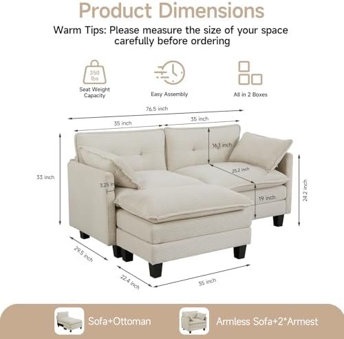 Amsleekey 76.5" L-Shaped Modular Sectional Sofa, Beige Corduroy | Cloud Couch for Living Room, 2 Seater Deep Seat Convertible Sleeper Sofa with 1 Movable Ottomans and 2 Leg Height Options
