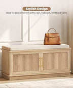 Akxomel 39.4" Fluted Shoe Storage Bench 2 Doors Wooden Entryway Bench Oak | 2 Tier Shoe Bench with Padded Cushion, Adjustable Shelves and 2 Doors, Curved Profile, for Hallway, Living Room, Bedroom