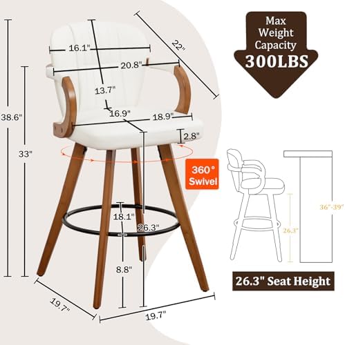 26" Swivel Counter Height Bar Stools with Back White Faux Leather Kitchen Island Bar Chairs with Arms,Spliced Pleated Wingback Barstools for Bar/Kitchen/Dining Room,Set of 2