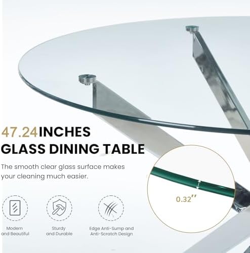 Henf 7 Piece Round Dining Table Set with 6 Upholstered Chairs, 47'' Glass Round Kitchen Table Set for 6, X-Shape Metal Legs, Modern Silver Glass Dining Table and Chair Set for 6
