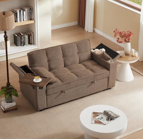 oaaktu ﻿ Large Size Convertible Sleeper Sofa Bed,Polka dot Velvet Pull Out Futon Couch with Storage handrails & Rotating Side Tables,Convertible Sofa Couch for Living Room,RV (Coffee)