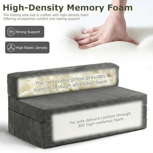 5-in-1 Convertible Sofa Bed, Loveseat, Tri-fold Futon Sofa Bed with Removable Cushions & Washable Cover, Pull Out Couch with Handle, for Small Spaces, Queen Size, Grey