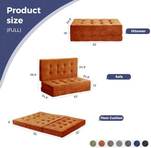 MAXYOYO 6" Folding Sofa Bed for Floor, Tufted Tri-Fold Floor Mattress | Full Size Portable Sofa Couch Guest Mat with Chenille Fabric for Adults, Foldable Topper for Camping, Orange, Full