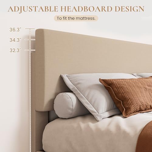 SHA CERLIN Linen Upholstered Full Size Bed Frame with Headboard, Beige