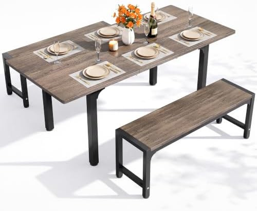 Ahomly 63“ Extendable Dining Table Set with 180° Smart-Flip Pivot, Gray | Dining Table Set for 4,Kitchen Table with Bench,Small Dining Table,Perfect for Small Space,Dinner Room Table Set for 6