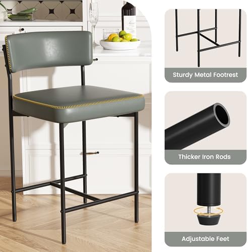 Bar Stools Set of 2, Faux Leather Counter Height Barstools with Curved Back, 25 Inch Upholstered Bar Chairs, Modern Counter Stools for Kitchen lsland, Grey