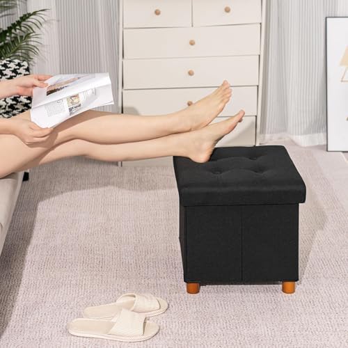 B FSOBEIIALEO Storage Ottoman with Tray, Foot Stools and Ottomans with Legs, Storage Cube Seat Linen Black 15"