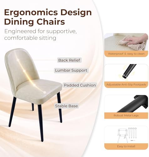 Leather Dining Chairs Set of 4, Modern Dining Room Chairs with Curved Backrest and Metal Legs Chenille Upholstered Fabric Kitchen Side Chair for Living Room, Restaurant, Cafe, Comedor, Leather, Beige