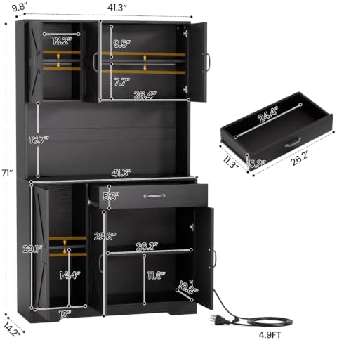 GRUSIGN 71" Pantry Cabinet with Charging Station, Large Capacity Kitchen Hutch Storage Cabinet, Kitchen Cabinet with Microwave Stand, Storage Drawers & Adjustable Shelves for Dining Room, Black