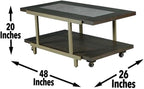 Pemberly Row Contemporary 3-Piece Coffee Table Set, Smoky Brown Finish, Ash Veneers, Tempered Glass Tops, Satin Brass Panels, Bottom Shelf Storage, Rustic Industrial Style Living Room Furniture