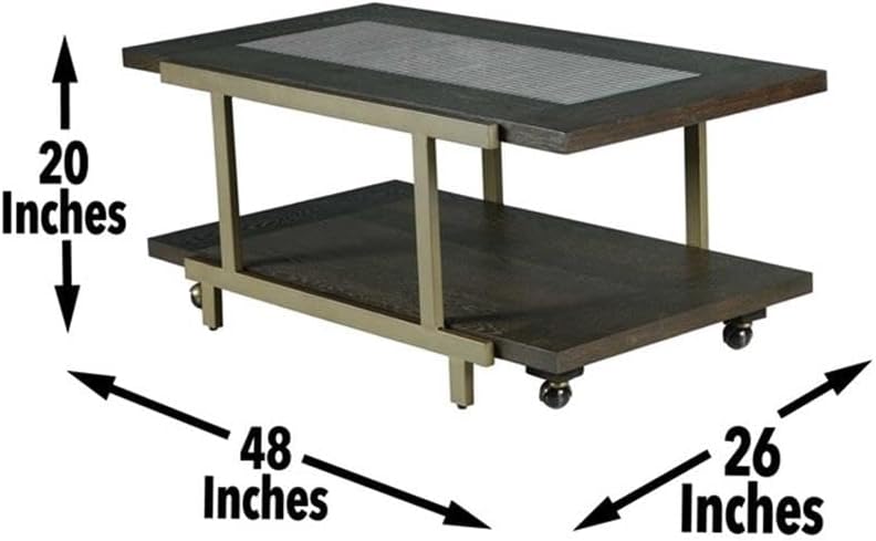 Pemberly Row Contemporary 3-Piece Coffee Table Set, Smoky Brown Finish, Ash Veneers, Tempered Glass Tops, Satin Brass Panels, Bottom Shelf Storage, Rustic Industrial Style Living Room Furniture