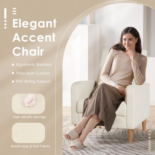 COLAMY Mid-Century Modern Upholstered Accent Chair with Back Pillow & Solid Wood Legs, Fabric Cozy Armchair for Living Room, Bedroom, Reading Nook, Apartment & Small Spaces, Beige