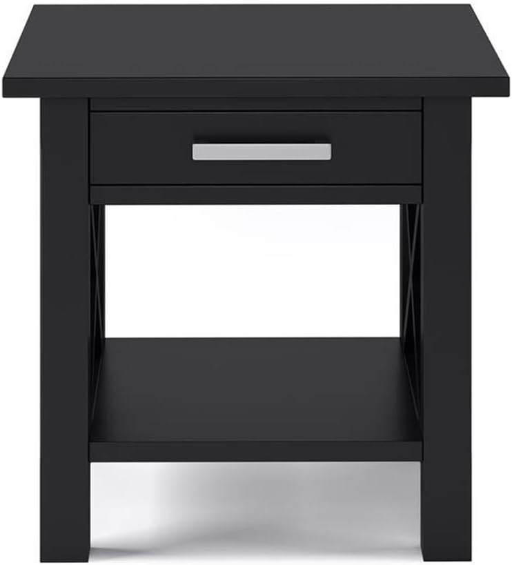 Pemberly Row Solid Wood End Table with Storage, Black Finish, 20.5" W x 20.5" D x 20" H, One Drawer and Shelf, Square Contemporary Design, Living Room or Bedroom Side Table