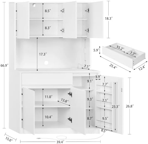 TEENFON Pantry Cabinet with Charging Station and LED Light, Kitchen Pantry Cabinet with Microwave Stand, Kitchen Storage Cabinets with Adjustable Shelves and Door Shelves for Dining Room, White